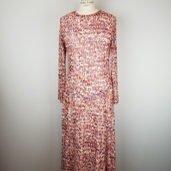 Vintage Nylon Mesh Long Sleeve Rust Allover Pattern Midi Dress Ladies Size Med - Picture 2 of 6